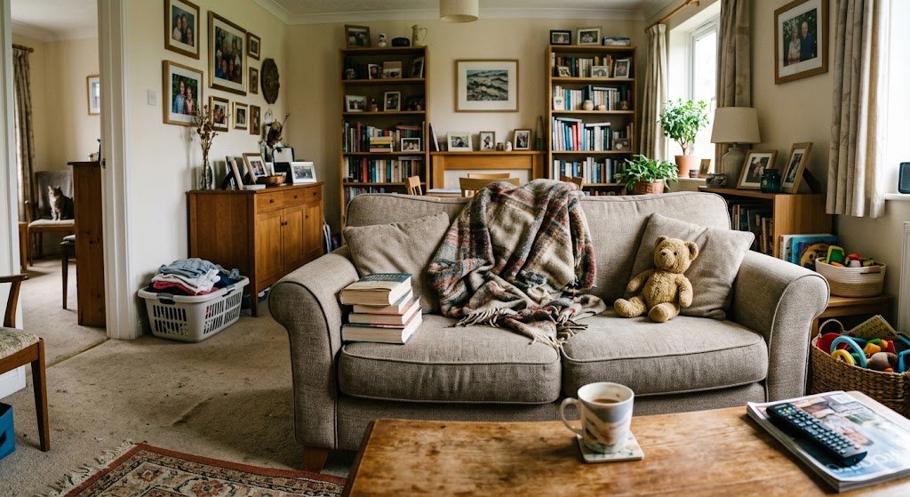 A cozy, lived-in living room with misplaced household items like a laundry basket, books, and children's toys scattered near the sofa.