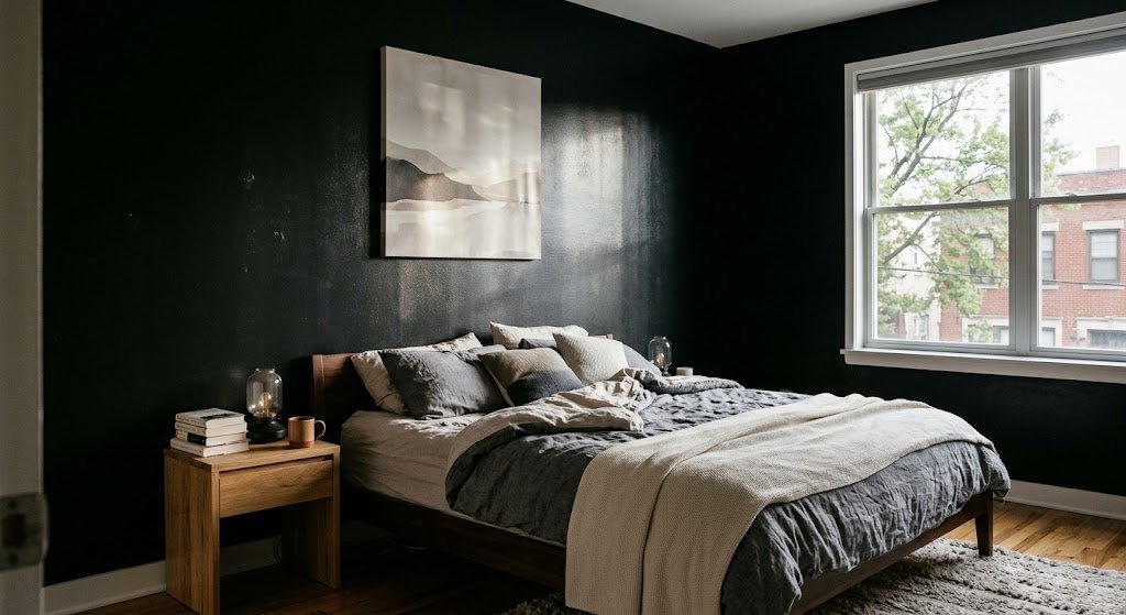 Natural light catches the satin sheen of a black accent wall bedroom behind a neatly unmade low wooden bed.