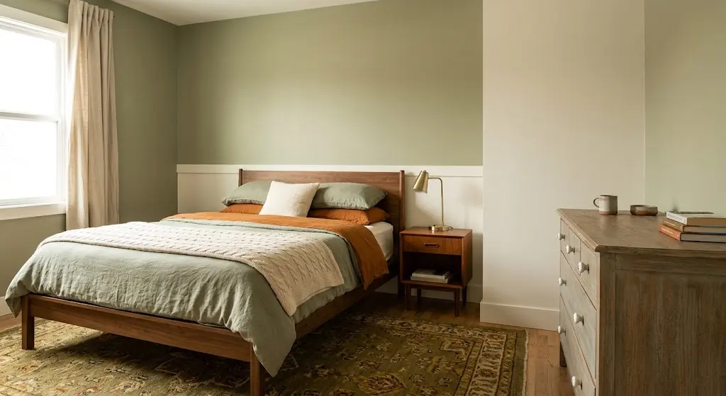 A cozy bedroom featuring a sage green and white wall colour combination behind a mid-century modern wooden bed frame with warm earth-toned bedding.