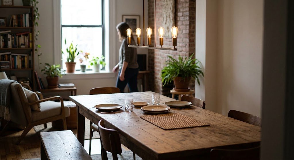 A small linear dining room chandelier hangs centered over a long wooden table in a realistic home setting.