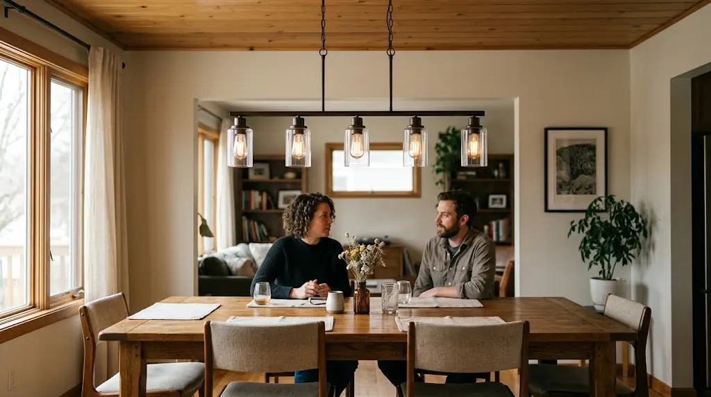 A dark metal linear chandelier suspended over a wood dining table in a naturally lit home.