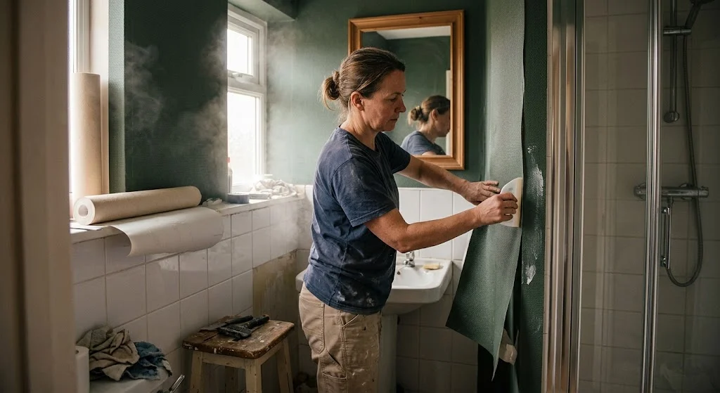 A woman carefully smoothes a panel of solid green small bathroom wallpaper onto a wall next to a steamy shower enclosure.