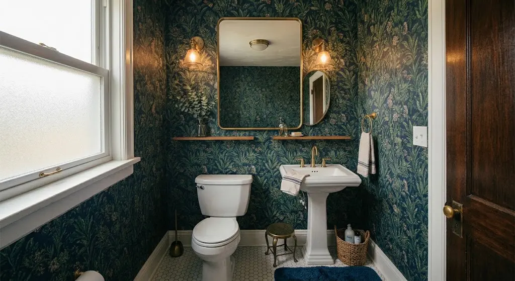 Dark botanical small bathroom wallpaper surrounds a brass-accented vanity in a compact powder room.