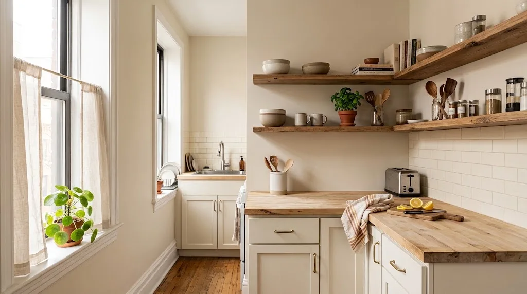 Bright small kitchen styled with open wooden shelves and warm neutral kitchen wall colors.