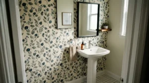 A natural photograph capturing a small bathroom from a doorway, featuring a botanical leaf print on the feature wall behind a pedestal sink.