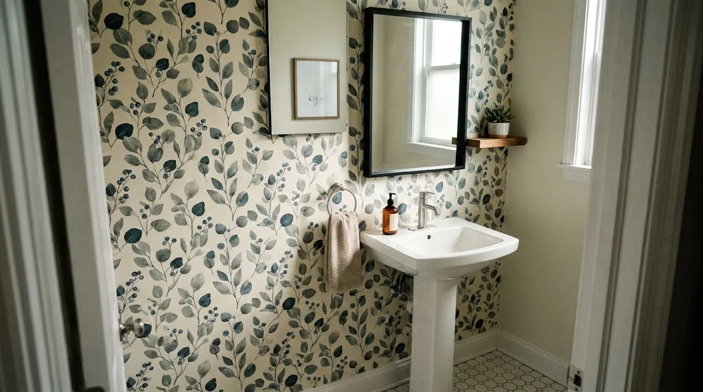 A natural photograph capturing a small bathroom from a doorway, featuring a botanical leaf print on the feature wall behind a pedestal sink.