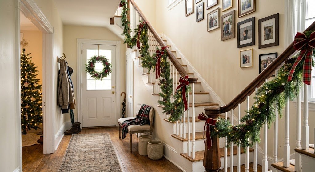 A woman ties a red ribbon onto faux pine garland running along a wooden hallway staircase banister.