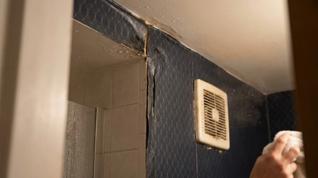 A close-up view of navy small bathroom wallpaper peeling near an older exhaust fan due to trapped moisture.