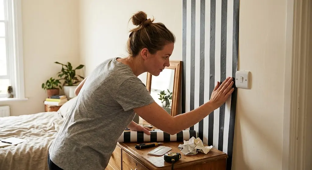 A woman smoothing down a panel of black and white striped peel and stick wallpaper around a light switch in a sunlit bedroom.