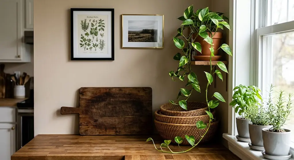 A potted pothos plant trails near a window beside a rustic wooden cutting board and framed art set against warm neutral kitchen wall colors.