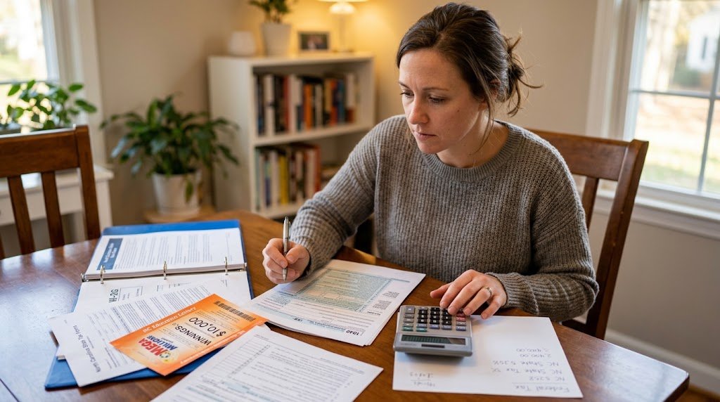 A person sitting at a desk reviewing tax forms, lottery tickets, and a calculator at home.