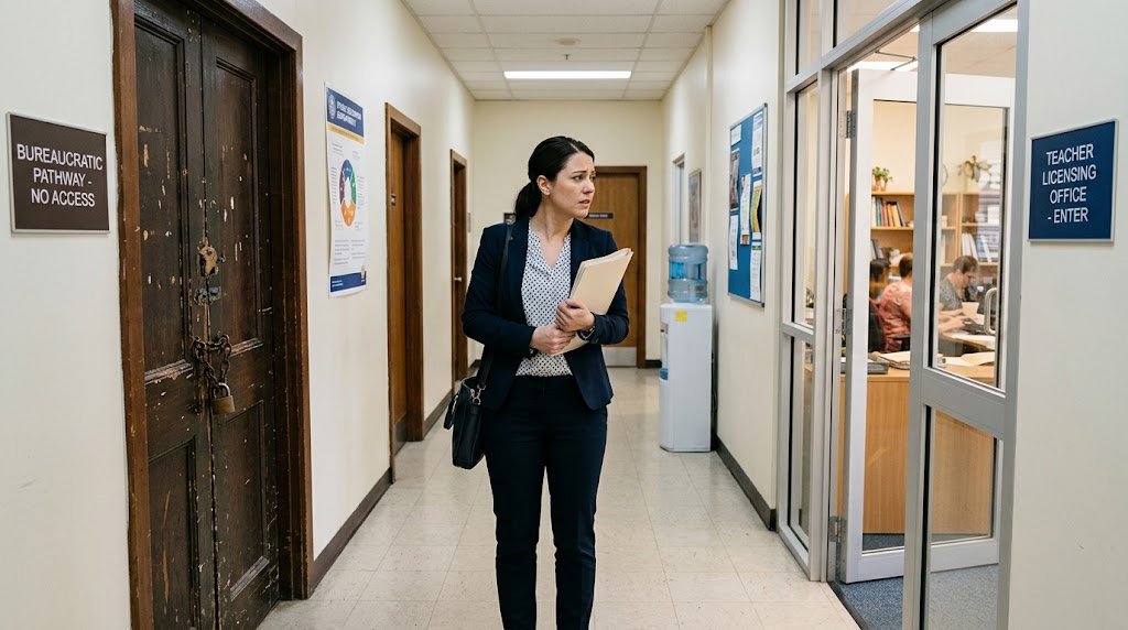 A teacher holding folders stands in a school hallway between a closed wooden door and an open glass door.