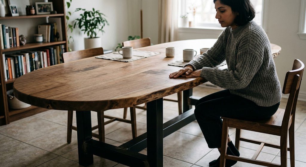 A woman sits at an oval live edge walnut dining room table supported by a heavy steel base.