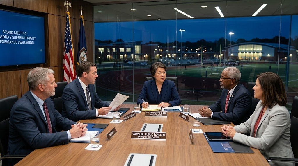 School board members sitting around a conference table engaged in a serious discussion with a superintendent.