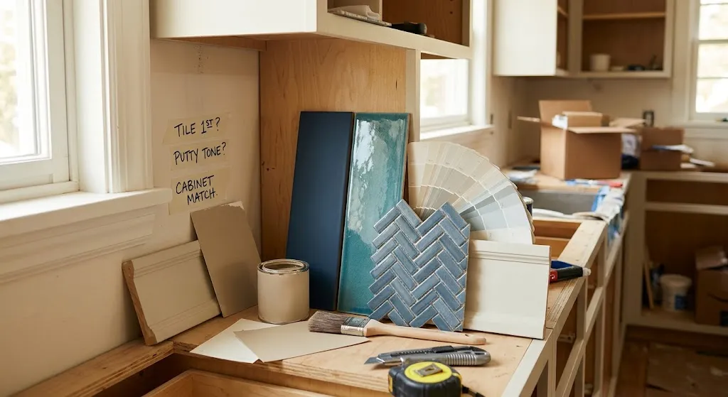 Blue subway tile samples and warm putty paint swatches sit on a kitchen counter during a remodeling project.