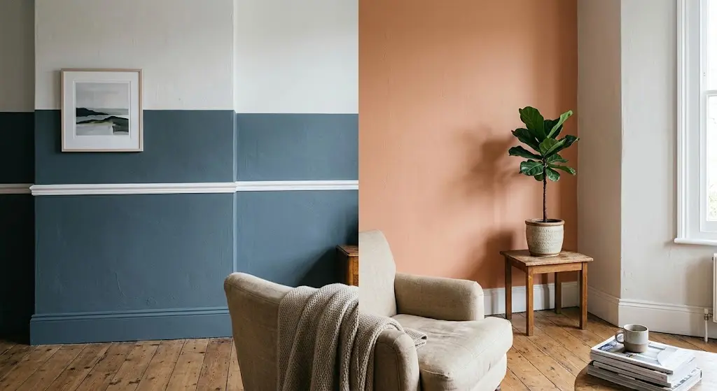 A split view comparing a room with a blue two-tone paint wall against a room with a warm terracotta accent wall.