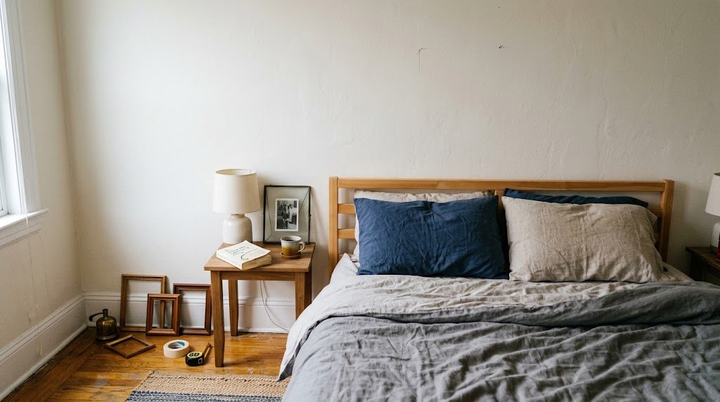 Wooden picture frames sit on the floor beside an unmade bed, waiting to be hung as wall decor for bedroom space.
