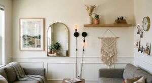 A curated collection of wall decorations, including a landscape print, an arched mirror, modern sconces, a macrame hanging, and a shelf with objects, is displayed above wainscoting in a living room.