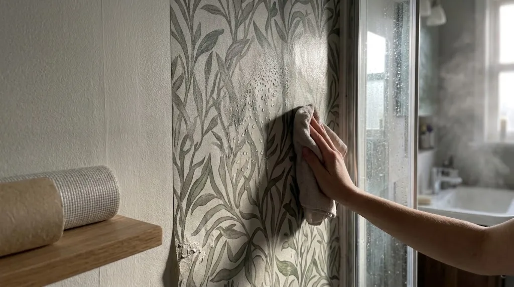 A hand uses a cloth to wipe condensation from botanical wallpaper in a steamy bathroom.