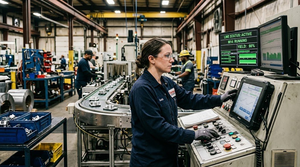 A focused industrial technician operating a machinery control console in a busy manufacturing plant setting.