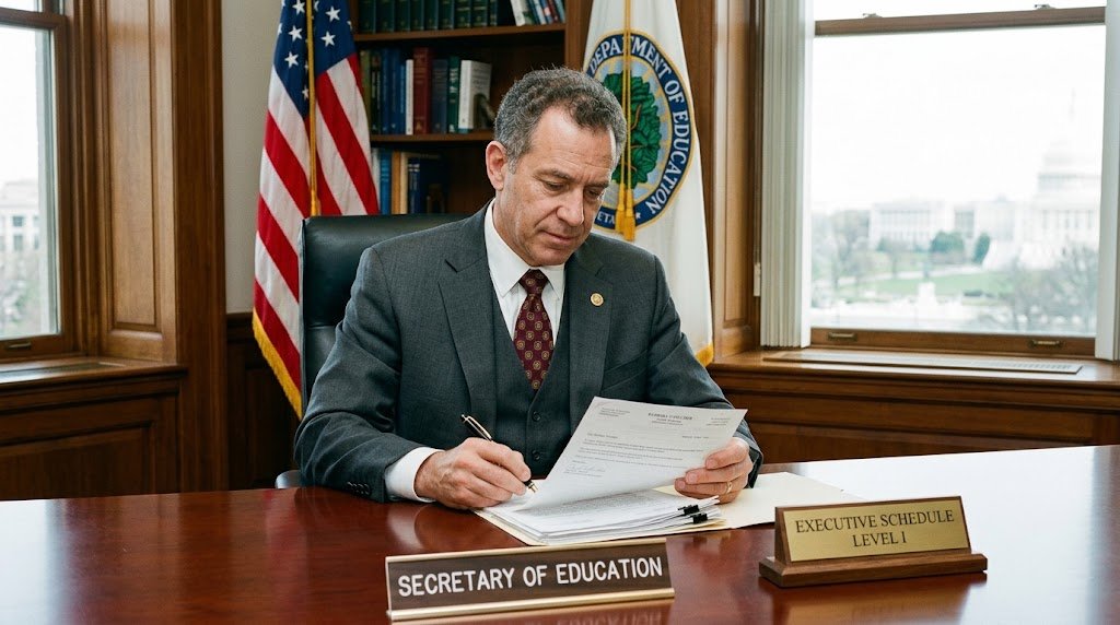 A high-ranking official works at a wooden desk in an office featuring an American flag and seal.