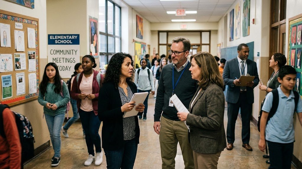 School board officials and administrators holding documents discuss policies inside a busy school hallway filled with students.