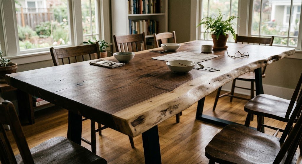 A wide live edge walnut dining room table with prominent light sapwood is set with dishes in a sunlit home.