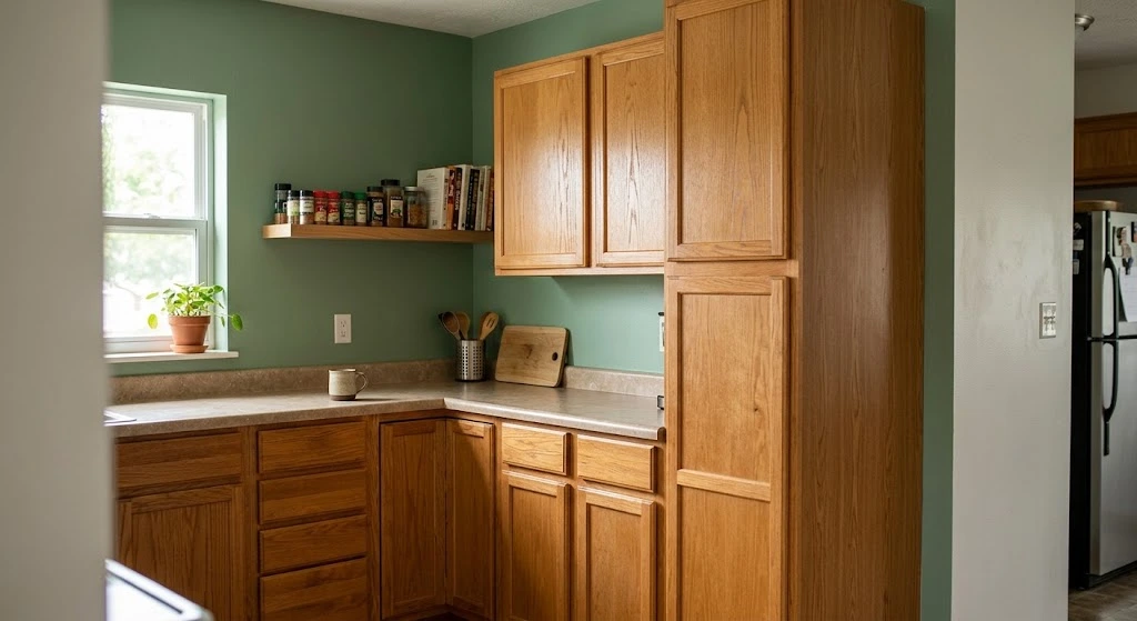 A natural photograph capturing honey-colored oak cabinets contrasting with a newly painted, subtle grey-green kitchen wall.